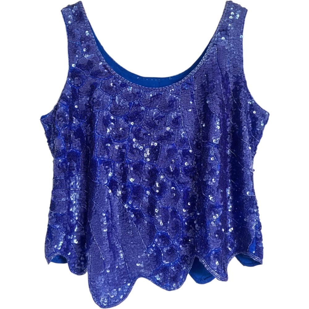 Vintage Blue Sequin Scalloped Mermaid Shell Tank Top Small
